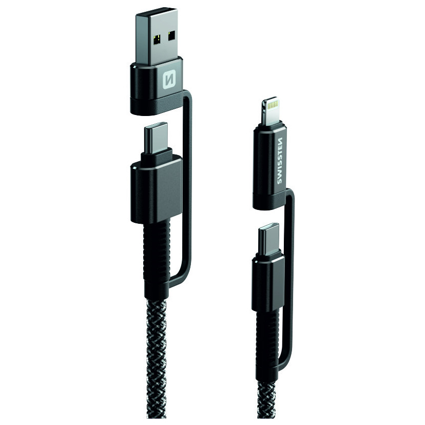 Nabíjecí a datový kabel Swissten Kevlar 4in1 3A 1,5 m Barva: tmavě šedá