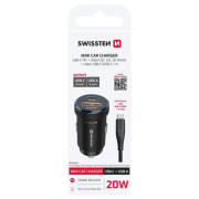 Adaptér Swissten Mini Car Charger USB-C PD + USB-A, 20W + cabel USB-C / USB-C, 1 m