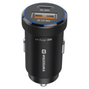 Adaptér Swissten Mini Car Charger USB-C PD + USB-A, 20W + cabel USB-C / USB-C, 1 m