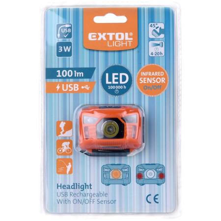 Čelovka Extol 100lm, nabíjecí, USB, 3W LED
