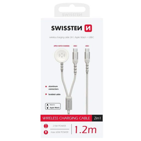 Nabíjecí a datový kabel Swissten Wireless charging cable 2in1 for Apple Watch + USB-C 1,2 m