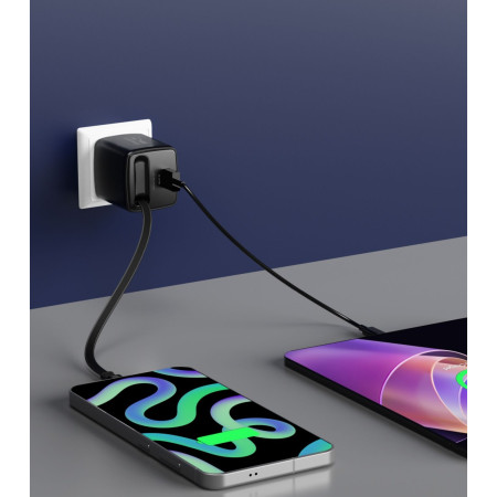 Adaptér Swissten SlideCharge Gan 45W, 1X USB-A 18W + kabel USB-C 0,75 m