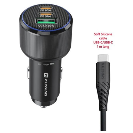 Adaptér Swissten Car Charger 2x USB-C PD + USB-A, 95 W + cabel USB-C / USB-C, 1 m
