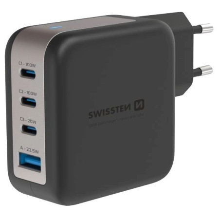 Adaptér Swissten GaN Travel Charger 100W 3X USB-C PD + USB-A