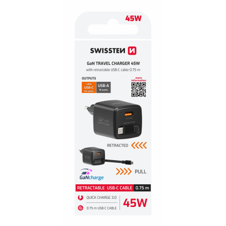 Adaptér Swissten SlideCharge Gan 45W, 1X USB-A 18W + kabel USB-C 0,75 m