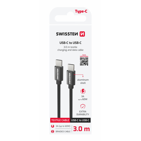 Nabíjecí a datový kabel Swissten Textile USB-C / USB-C 3 m