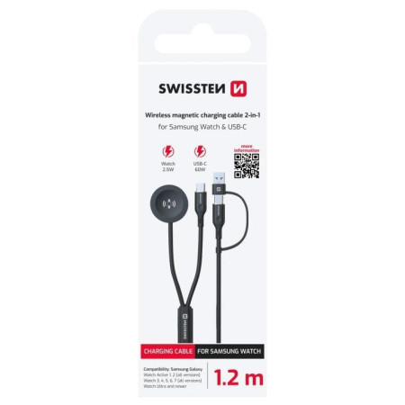 Nabíjecí a datový kabel Swissten Wireless magnetic charging cable 2in1 for Samsung Watch + USB-C 1,2 m