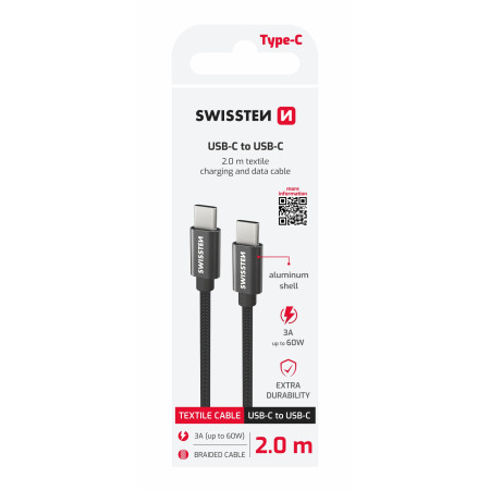 Nabíjecí a datový kabel Swissten Textile USB-C / USB-C 2 m