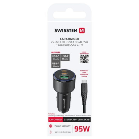 Adaptér Swissten Car Charger 2x USB-C PD + USB-A, 95 W + cabel USB-C / USB-C, 1 m