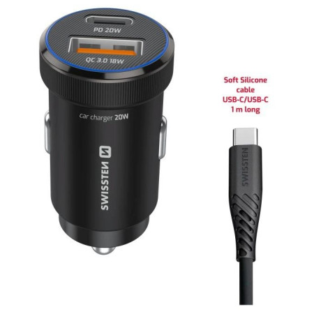 Adaptér Swissten Mini Car Charger USB-C PD + USB-A, 20W + cabel USB-C / USB-C, 1 m