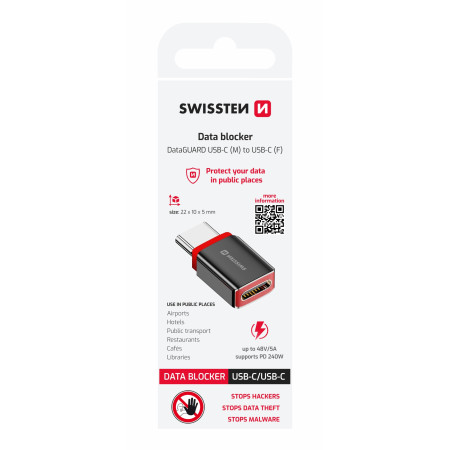 Adaptér Swissten Dataguard With Data Blocking USB-C (Male) / USB-C (Female)