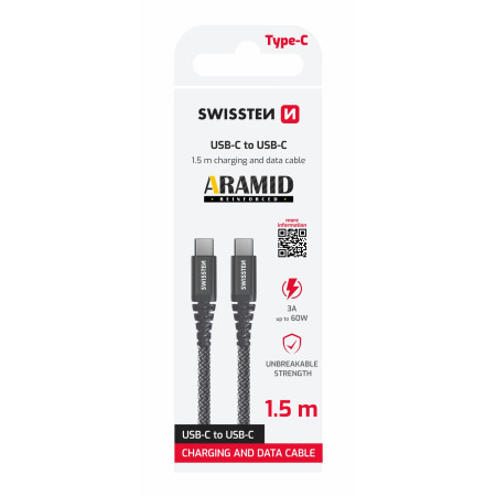 Nabíjecí a datový kabel Swissten Kevlar USB-C/USB-C 1,5 m