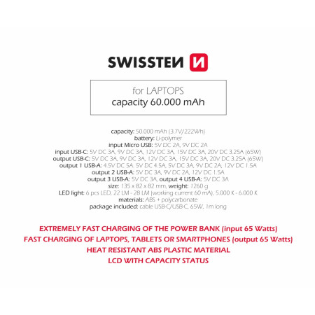 Powerbanka Swissten Power Line 60000 mAh 65W