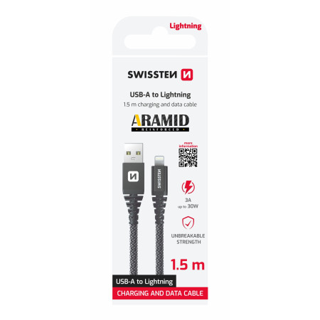 Nabíjecí a datový kabel Swissten Aramid Reinforced USB/Lightning 1,5 m