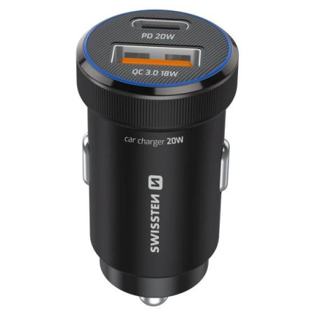 Adaptér Swissten Mini Car Charger USB-C PD + USB-A, 20W + cabel USB-C / USB-C, 1 m