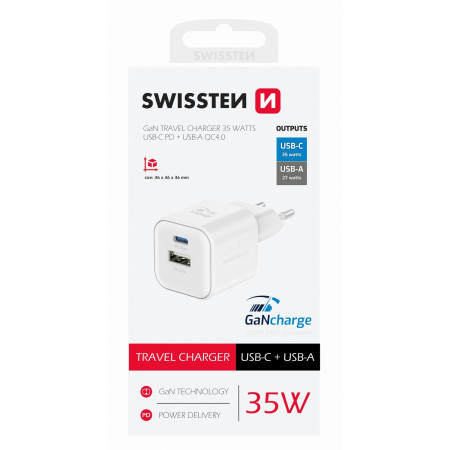 Nabíječka Swissten TRAVEL CHARGER GaN 1x USB-C 35W PD + 1x USB-A 27W QC
