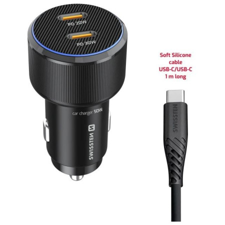 Adaptér Swissten Car Charger 2X USB-C PD, 50W + cabel USB-C / USB-C, 1 m
