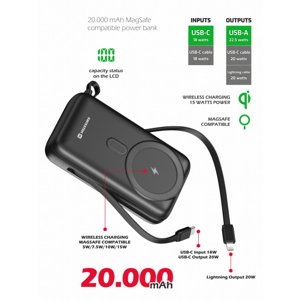 Bezdrátová powerbanka Swissten POWER BANK 20000 mAh PD 20W
