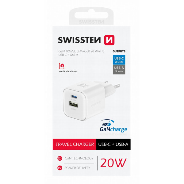 Nabíječka Swissten TRAVEL CHARGER GaN 1x USB-C 20W PD AND 1x USB-A 18W QC