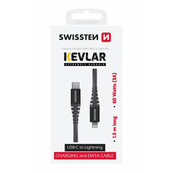 Nabíjecí a datový kabel Swissten Kevlar USB-C/Lightning 1,5 m