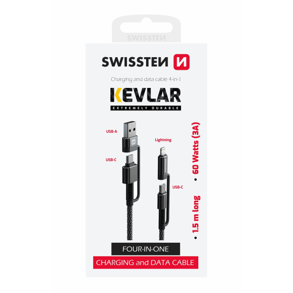 Nabíjecí a datový kabel Swissten Kevlar 4in1 3A 1,5 m